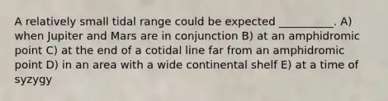 A relatively small tidal range could be expected __________. A) when Jupiter and Mars are in conjunction B) at an amphidromic point C) at the end of a cotidal line far from an amphidromic point D) in an area with a wide continental shelf E) at a time of syzygy