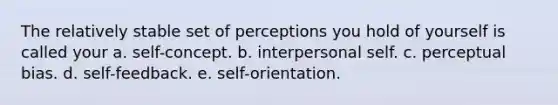 The relatively stable set of perceptions you hold of yourself is called your a. self-concept. b. interpersonal self. c. perceptual bias. d. self-feedback. e. self-orientation.