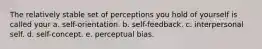 The relatively stable set of perceptions you hold of yourself is called your a. self-orientation. b. self-feedback. c. interpersonal self. d. self-concept. e. perceptual bias.