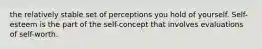 the relatively stable set of perceptions you hold of yourself. Self-esteem is the part of the self-concept that involves evaluations of self-worth.