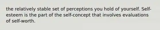 the relatively stable set of perceptions you hold of yourself. Self-esteem is the part of the self-concept that involves evaluations of self-worth.