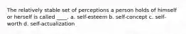 The relatively stable set of perceptions a person holds of himself or herself is called ____. a. self-esteem b. self-concept c. self-worth d. self-actualization