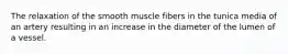 The relaxation of the smooth muscle fibers in the tunica media of an artery resulting in an increase in the diameter of the lumen of a vessel.