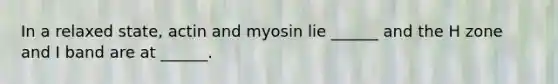 In a relaxed state, actin and myosin lie ______ and the H zone and I band are at ______.