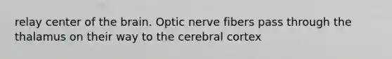 relay center of the brain. Optic nerve fibers pass through the thalamus on their way to the cerebral cortex