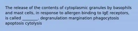 The release of the contents of cytoplasmic granules by basophils and mast cells, in response to allergen binding to IgE receptors, is called ________. degranulation margination phagocytosis apoptosis cytolysis