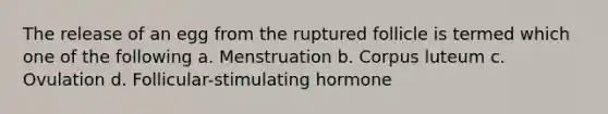 The release of an egg from the ruptured follicle is termed which one of the following a. Menstruation b. Corpus luteum c. Ovulation d. Follicular-stimulating hormone