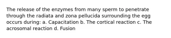 The release of the enzymes from many sperm to penetrate through the radiata and zona pellucida surrounding the egg occurs during: a. Capacitation b. The cortical reaction c. The acrosomal reaction d. Fusion