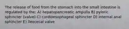 The release of food from the stomach into the small intestine is regulated by the: A) hepatopancreatic ampulla B) pyloric sphincter (valve) C) cardioesophageal sphincter D) internal anal sphincter E) ileocecal valve