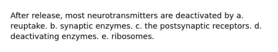 After release, most neurotransmitters are deactivated by a. reuptake. b. synaptic enzymes. c. the postsynaptic receptors. d. deactivating enzymes. e. ribosomes.