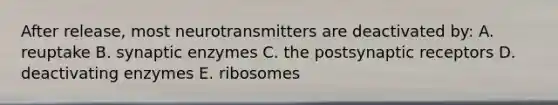 After release, most neurotransmitters are deactivated by: A. reuptake B. synaptic enzymes C. the postsynaptic receptors D. deactivating enzymes E. ribosomes