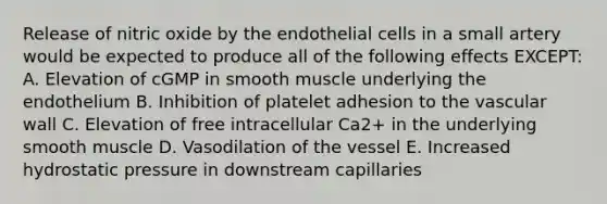 Release of nitric oxide by the endothelial cells in a small artery would be expected to produce all of the following effects EXCEPT: A. Elevation of cGMP in smooth muscle underlying the endothelium B. Inhibition of platelet adhesion to the vascular wall C. Elevation of free intracellular Ca2+ in the underlying smooth muscle D. Vasodilation of the vessel E. Increased hydrostatic pressure in downstream capillaries