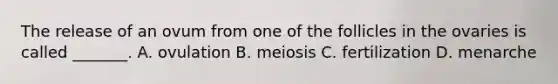 The release of an ovum from one of the follicles in the ovaries is called _______. A. ovulation B. meiosis C. fertilization D. menarche