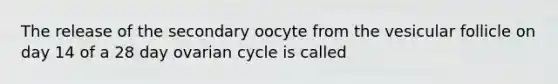 The release of the secondary oocyte from the vesicular follicle on day 14 of a 28 day ovarian cycle is called