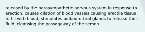 released by the parasympathetic nervous system in response to erection; causes dilation of blood vessels causing erectile tissue to fill with blood; stimulates bulbourethral glands to release their fluid, cleansing the passageway of the semen