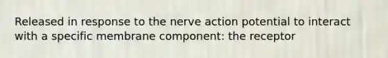 Released in response to the nerve action potential to interact with a specific membrane component: the receptor