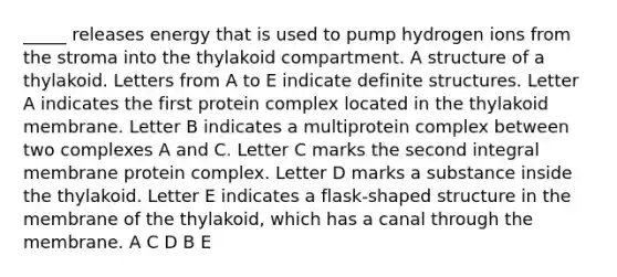 _____ releases energy that is used to pump hydrogen ions from the stroma into the thylakoid compartment. A structure of a thylakoid. Letters from A to E indicate definite structures. Letter A indicates the first protein complex located in the thylakoid membrane. Letter B indicates a multiprotein complex between two complexes A and C. Letter C marks the second integral membrane protein complex. Letter D marks a substance inside the thylakoid. Letter E indicates a flask-shaped structure in the membrane of the thylakoid, which has a canal through the membrane. A C D B E