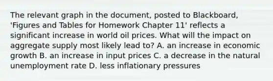 The relevant graph in the document, posted to Blackboard, 'Figures and Tables for Homework Chapter 11' reflects a significant increase in world oil prices. What will the impact on aggregate supply most likely lead to? A. an increase in economic growth B. an increase in input prices C. a decrease in the natural unemployment rate D. less inflationary pressures