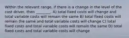 Within the relevant range, if there is a change in the level of the cost driver, then ________. A) total fixed costs will change and total variable costs will remain the same B) total fixed costs will remain the same and total variable costs will change C) total fixed costs and total variable costs will remain the same D) total fixed costs and total variable costs will change