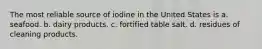 The most reliable source of iodine in the United States is a. seafood. b. dairy products. c. fortified table salt. d. residues of cleaning products.