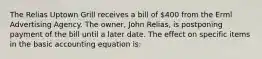 The Relias Uptown Grill receives a bill of 400 from the Erml Advertising Agency. The owner, John Relias, is postponing payment of the bill until a later date. The effect on specific items in the basic accounting equation is: