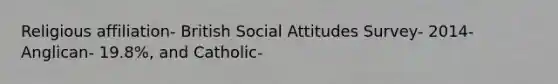 Religious affiliation- British Social Attitudes Survey- 2014- Anglican- 19.8%, and Catholic-