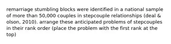 remarriage stumbling blocks were identified in a national sample of more than 50,000 couples in stepcouple relationships (deal & olson, 2010). arrange these anticipated problems of stepcouples in their rank order (place the problem with the first rank at the top)