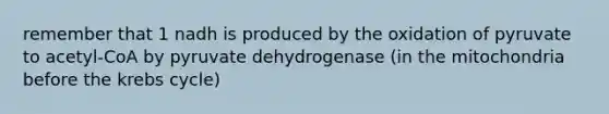 remember that 1 nadh is produced by the oxidation of pyruvate to acetyl-CoA by pyruvate dehydrogenase (in the mitochondria before the <a href='https://www.questionai.com/knowledge/kqfW58SNl2-krebs-cycle' class='anchor-knowledge'>krebs cycle</a>)