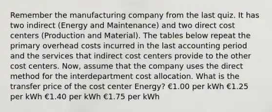 Remember the manufacturing company from the last quiz. It has two indirect (Energy and Maintenance) and two direct cost centers (Production and Material). The tables below repeat the primary overhead costs incurred in the last accounting period and the services that indirect cost centers provide to the other cost centers. Now, assume that the company uses the direct method for the interdepartment cost allocation. What is the transfer price of the cost center Energy? €1.00 per kWh €1.25 per kWh €1.40 per kWh €1.75 per kWh