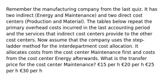 Remember the manufacturing company from the last quiz. It has two indirect (Energy and Maintenance) and two direct cost centers (Production and Material). The tables below repeat the primary overhead costs incurred in the last accounting period and the services that indirect cost centers provide to the other cost centers. Now assume that the company uses the step-ladder method for the interdepartment cost allocation. It allocates costs from the cost center Maintenance first and costs from the cost center Energy afterwards. What is the transfer price for the cost center Maintenance? €15 per h €20 per h €25 per h €30 per h