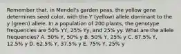 Remember that, in Mendel's garden peas, the yellow gene determines seed color, with the Y (yellow) allele dominant to the y (green) allele. In a population of 200 plants, the genotype frequencies are 50% YY, 25% Yy, and 25% yy. What are the allele frequencies? A. 50% Y, 50% y B. 50% Y, 25% y C. 87.5% Y, 12.5% y D. 62.5% Y, 37.5% y E. 75% Y, 25% y