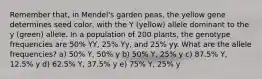 Remember that, in Mendel's garden peas, the yellow gene determines seed color, with the Y (yellow) allele dominant to the y (green) allele. In a population of 200 plants, the genotype frequencies are 50% YY, 25% Yy, and 25% yy. What are the allele frequencies? a) 50% Y, 50% y b) 50% Y, 25% y c) 87.5% Y, 12.5% y d) 62.5% Y, 37.5% y e) 75% Y, 25% y