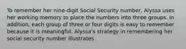 To remember her nine-digit Social Security number, Alyssa uses her working memory to place the numbers into three groups. In addition, each group of three or four digits is easy to remember because it is meaningful. Alyssa's strategy in remembering her social security number illustrates