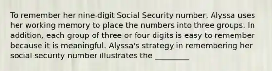 To remember her nine-digit Social Security number, Alyssa uses her working memory to place the numbers into three groups. In addition, each group of three or four digits is easy to remember because it is meaningful. Alyssa's strategy in remembering her social security number illustrates the _________