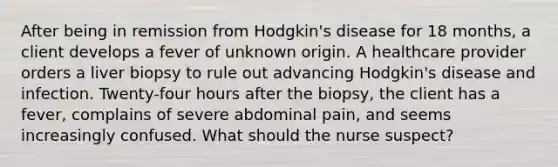 After being in remission from Hodgkin's disease for 18 months, a client develops a fever of unknown origin. A healthcare provider orders a liver biopsy to rule out advancing Hodgkin's disease and infection. Twenty-four hours after the biopsy, the client has a fever, complains of severe abdominal pain, and seems increasingly confused. What should the nurse suspect?