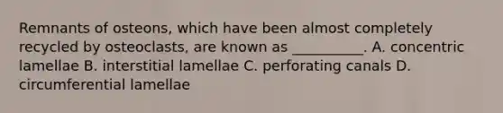 Remnants of osteons, which have been almost completely recycled by osteoclasts, are known as __________. A. concentric lamellae B. interstitial lamellae C. perforating canals D. circumferential lamellae