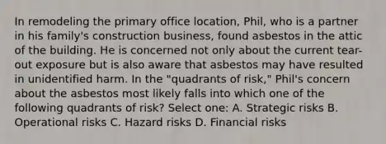 In remodeling the primary office location, Phil, who is a partner in his family's construction business, found asbestos in the attic of the building. He is concerned not only about the current tear-out exposure but is also aware that asbestos may have resulted in unidentified harm. In the "quadrants of risk," Phil's concern about the asbestos most likely falls into which one of the following quadrants of risk? Select one: A. Strategic risks B. Operational risks C. Hazard risks D. Financial risks