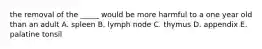 the removal of the _____ would be more harmful to a one year old than an adult A. spleen B. lymph node C. thymus D. appendix E. palatine tonsil