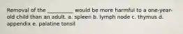 Removal of the __________ would be more harmful to a one-year-old child than an adult. a. spleen b. lymph node c. thymus d. appendix e. palatine tonsil