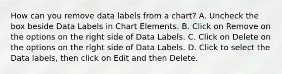 How can you remove data labels from a chart? A. Uncheck the box beside Data Labels in Chart Elements. B. Click on Remove on the options on the right side of Data Labels. C. Click on Delete on the options on the right side of Data Labels. D. Click to select the Data labels, then click on Edit and then Delete.