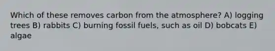 Which of these removes carbon from the atmosphere? A) logging trees B) rabbits C) burning fossil fuels, such as oil D) bobcats E) algae