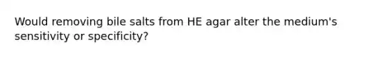 Would removing bile salts from HE agar alter the medium's sensitivity or specificity?