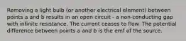 Removing a light bulb (or another electrical element) between points a and b results in an open circuit - a non-conducting gap with infinite resistance. The current ceases to flow. The potential difference between points a and b is the emf of the source.