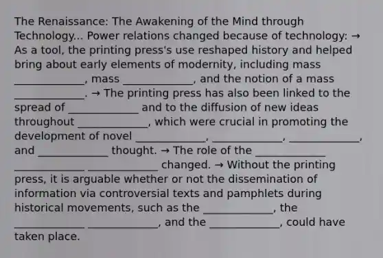 The Renaissance: The Awakening of the Mind through Technology... Power relations changed because of technology: → As a tool, the printing press's use reshaped history and helped bring about early elements of modernity, including mass _____________, mass _____________, and the notion of a mass _____________. → The printing press has also been linked to the spread of _____________ and to the diffusion of new ideas throughout _____________, which were crucial in promoting the development of novel _____________, _____________, _____________, and _____________ thought. → The role of the _____________ _____________ _____________ changed. → Without the printing press, it is arguable whether or not the dissemination of information via controversial texts and pamphlets during historical movements, such as the _____________, the _____________ _____________, and the _____________, could have taken place.