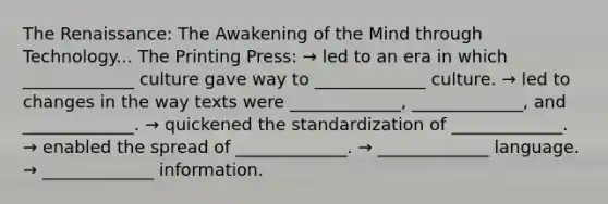 The Renaissance: The Awakening of the Mind through Technology... The Printing Press: → led to an era in which _____________ culture gave way to _____________ culture. → led to changes in the way texts were _____________, _____________, and _____________. → quickened the standardization of _____________. → enabled the spread of _____________. → _____________ language. → _____________ information.