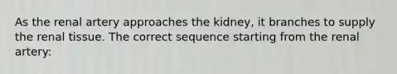 As the renal artery approaches the kidney, it branches to supply the renal tissue. The correct sequence starting from the renal artery: