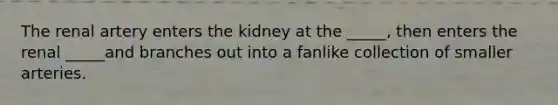 The renal artery enters the kidney at the _____, then enters the renal _____and branches out into a fanlike collection of smaller arteries.