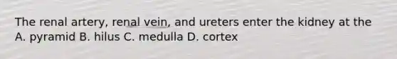 The renal artery, renal vein, and ureters enter the kidney at the A. pyramid B. hilus C. medulla D. cortex