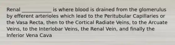 Renal ____________ is where blood is drained from the glomerulus by efferent arterioles which lead to the Peritubular Capillaries or the Vasa Recta, then to the Cortical Radiate Veins, to the Arcuate Veins, to the Interlobar Veins, the Renal Vein, and finally the Inferior Vena Cava