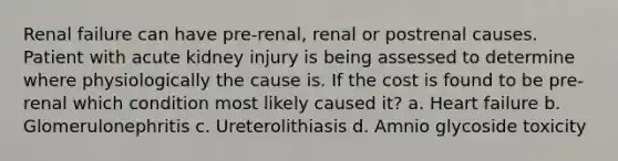 Renal failure can have pre-renal, renal or postrenal causes. Patient with acute kidney injury is being assessed to determine where physiologically the cause is. If the cost is found to be pre-renal which condition most likely caused it? a. Heart failure b. Glomerulonephritis c. Ureterolithiasis d. Amnio glycoside toxicity